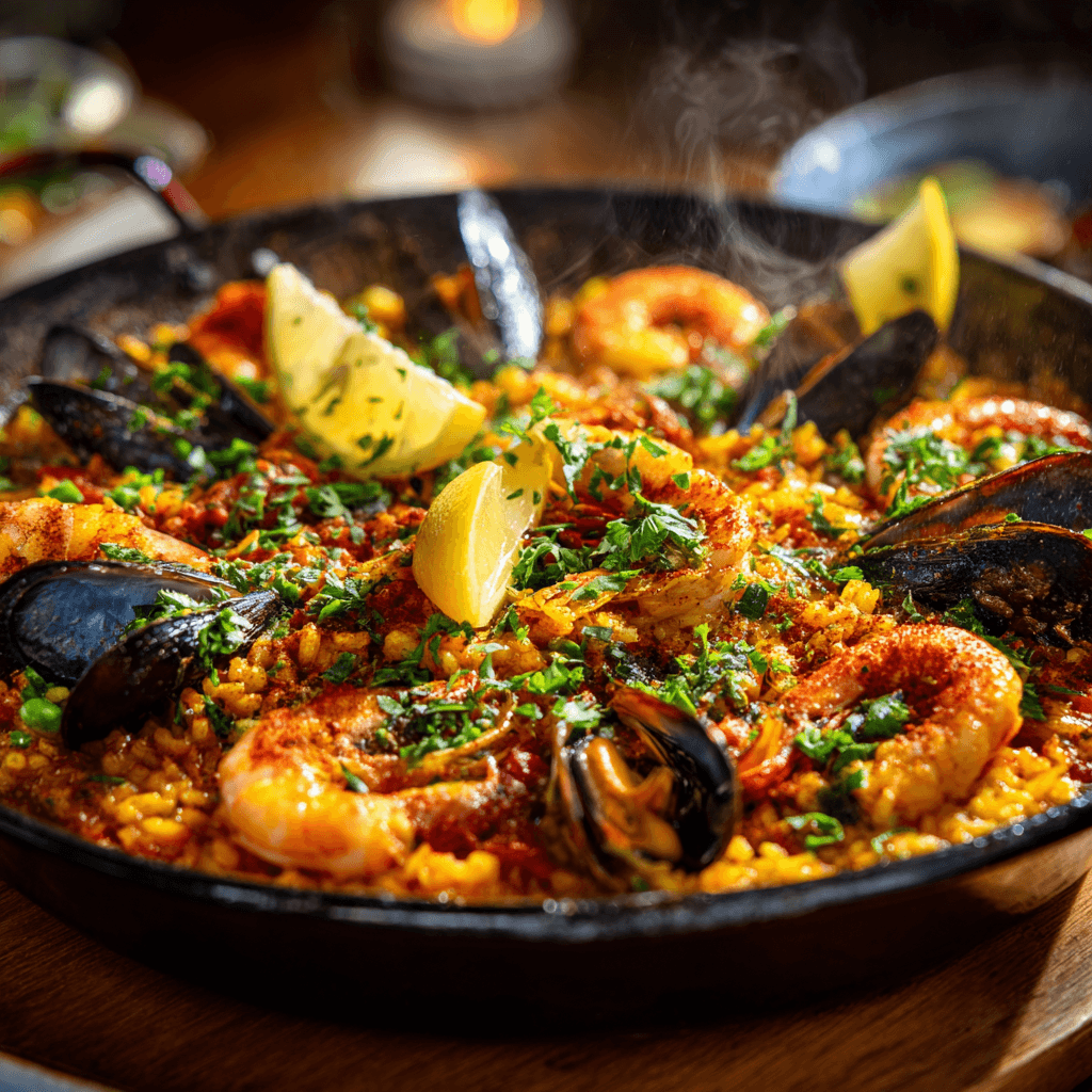 Close-up of finished Gordon Ramsay Paella plated and ready to serve