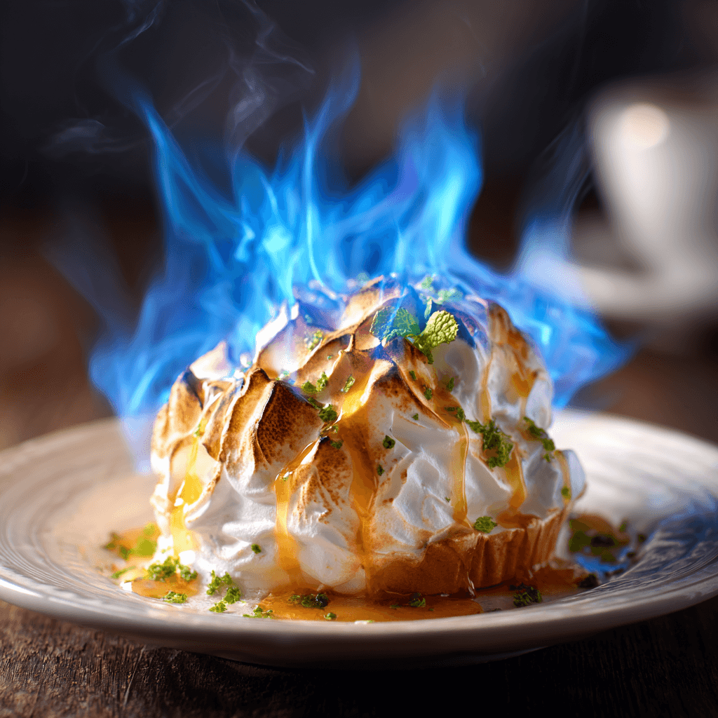 Close-up of finished Gordon Ramsay Baked Alaska Flambe with dramatic flames plated and ready to serve