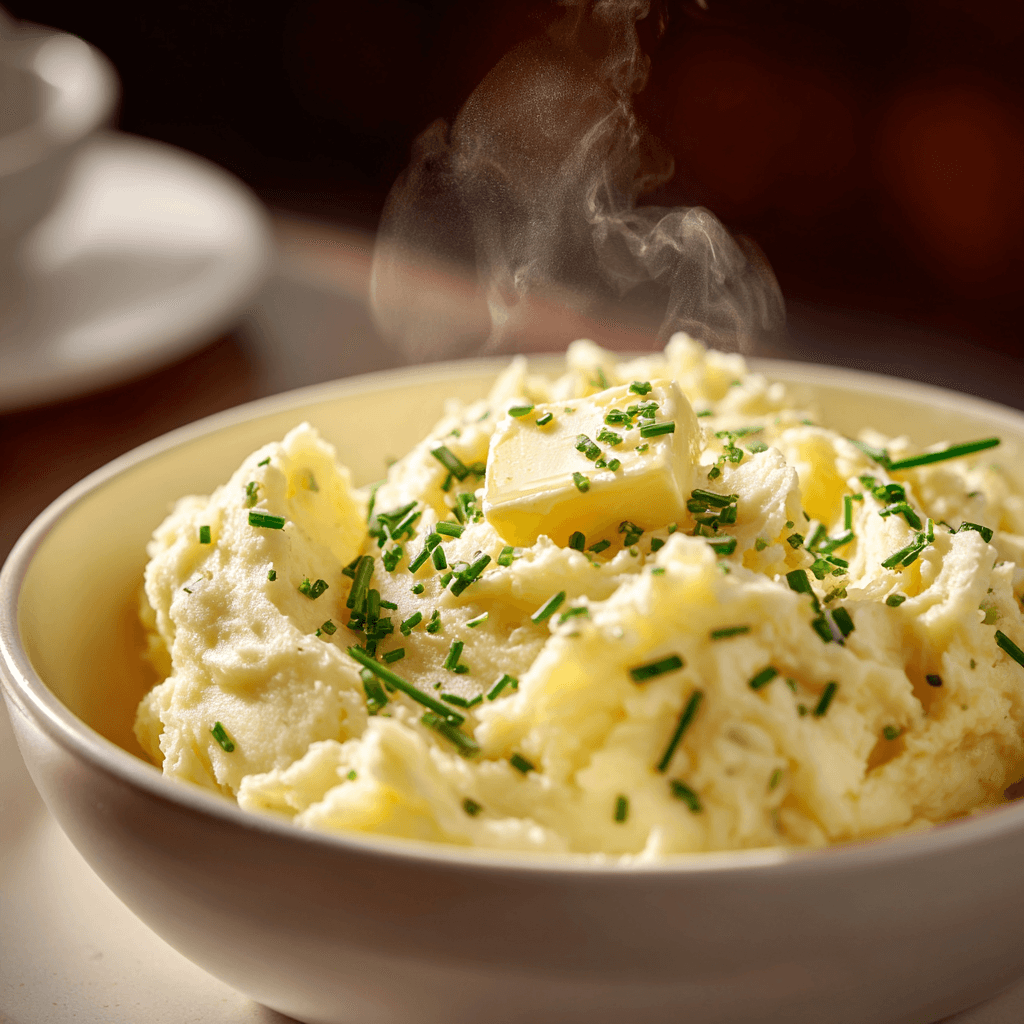 Close-up of finished Gordon Ramsay Mashed Potatoes plated and ready to serve