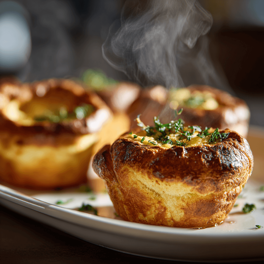 Close-up of finished Gordon Ramsay Yorkshire Puddings plated and ready to serve