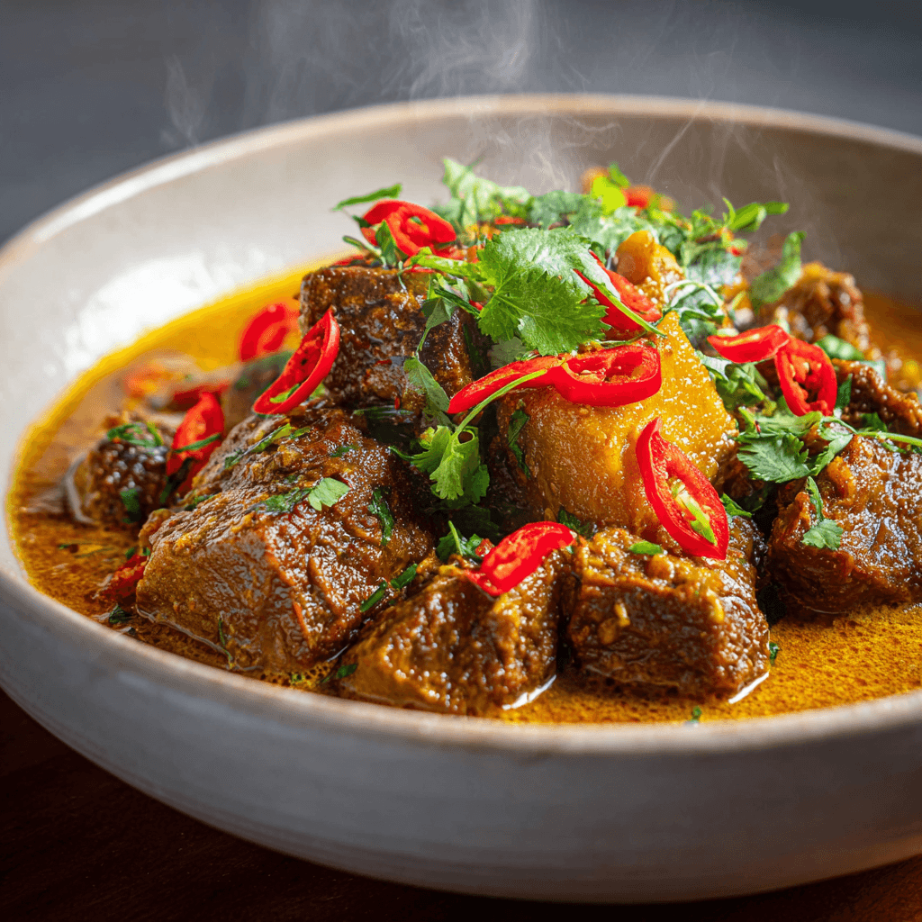 Close-up of finished Gordon Ramsay Massaman Curry plated and ready to serve