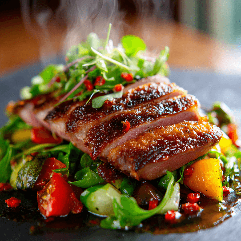 Close-up of finished Gordon Ramsay Duck Breast Salad plated and ready to serve