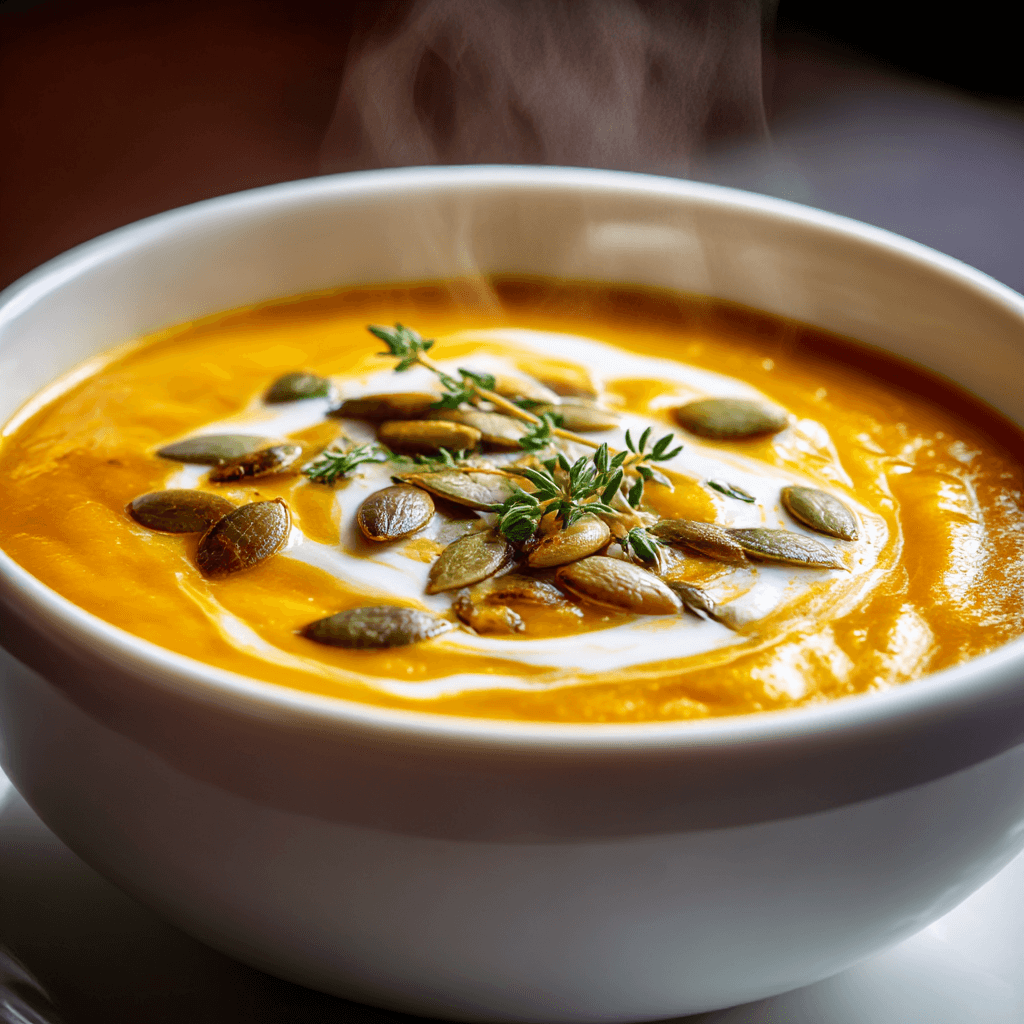 Close-up of finished Gordon Ramsay Butternut Squash Soup plated and ready to serve with cream swirl and garnish