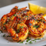 Close-up of finished Gordon Ramsay Grilled Shrimp with perfect grill marks plated and ready to serve