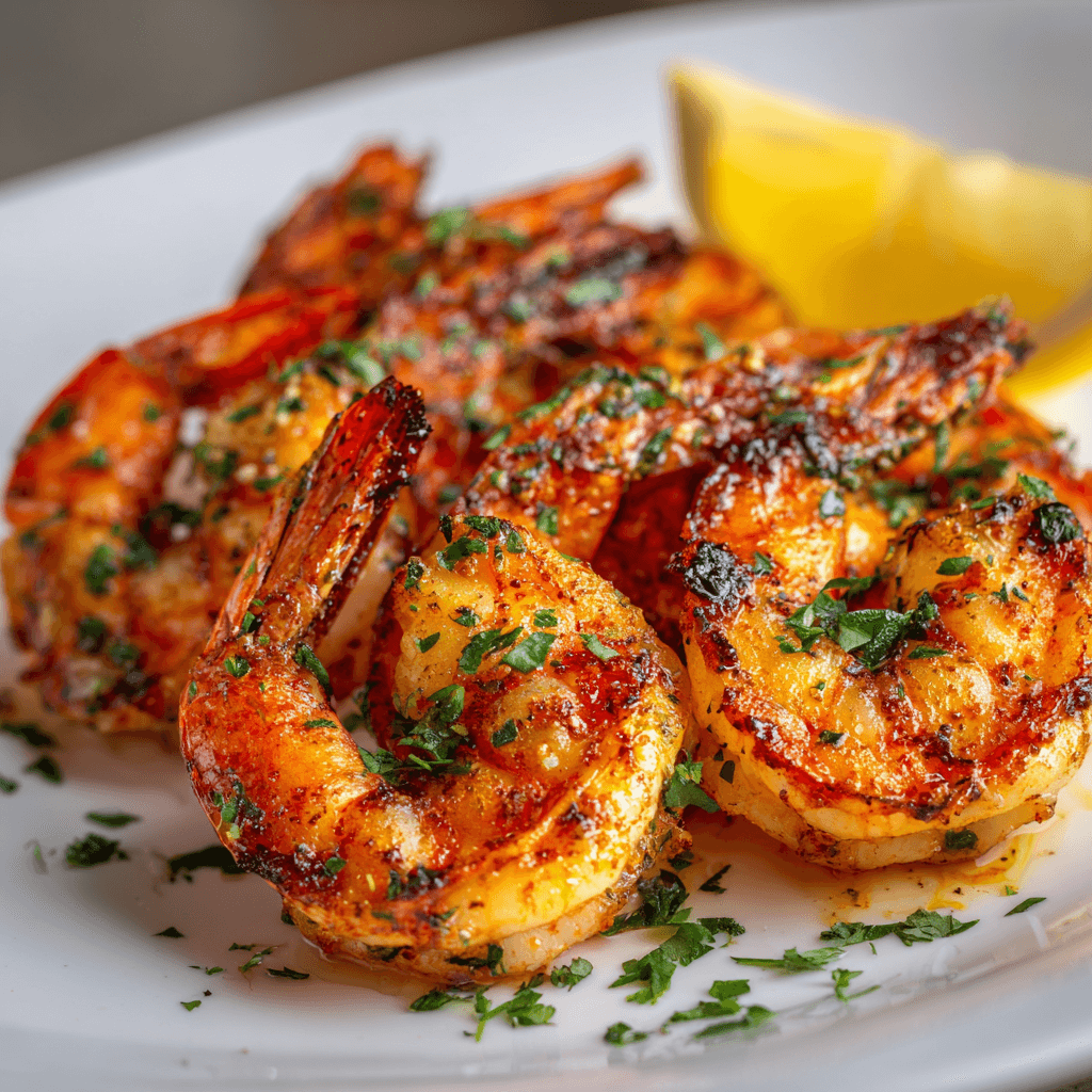 Close-up of finished Gordon Ramsay Grilled Shrimp with perfect grill marks plated and ready to serve