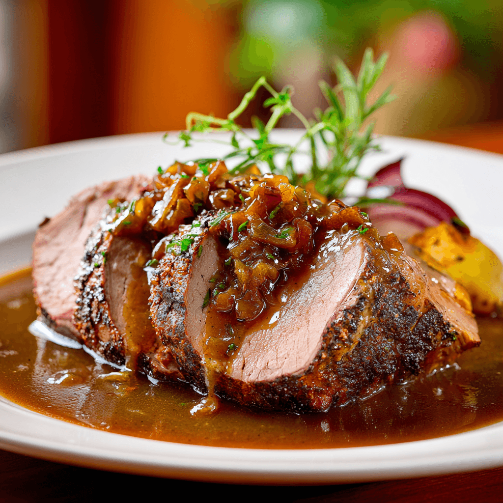 Close-up of finished Roast Beef with Caramelised Onion Gravy plated and ready to serve