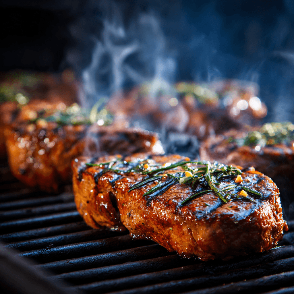 Close-up of perfectly marinated steaks using Gordon Ramsay Steak Marinade with beautiful char marks