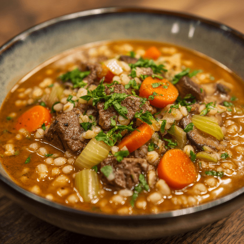Gordon Ramsay Beef Barley Soup being prepared in a professional kitchen with fresh ingredients