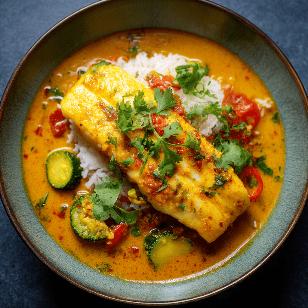 Gordon Ramsay Fish Curry being prepared in a professional kitchen with aromatic spices and tender fish