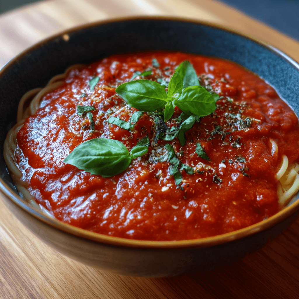 Gordon Ramsay Marinara Sauce simmering in a professional kitchen pan with fresh herbs