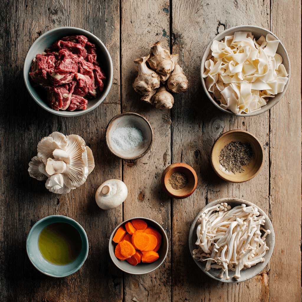 Fresh ingredients for making Gordon Ramsay Beef Stroganoff