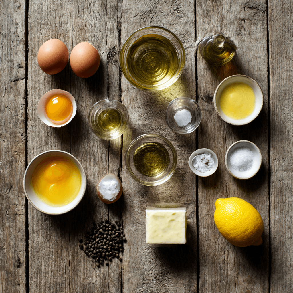 Fresh ingredients for making Gordon Ramsay Hollandaise Sauce arranged on wooden surface