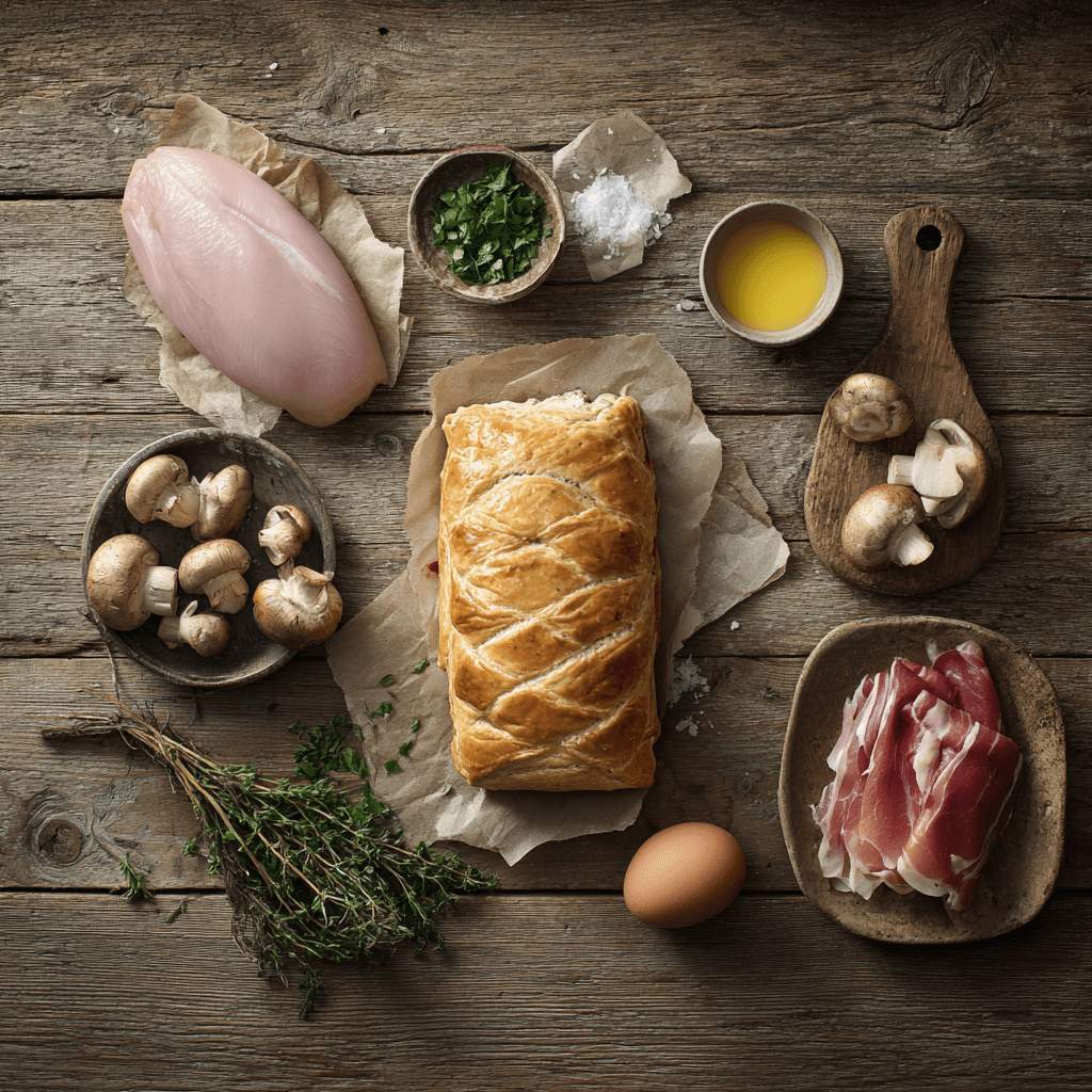 Fresh ingredients for making Gordon Ramsay Turkey Wellington arranged on wooden surface