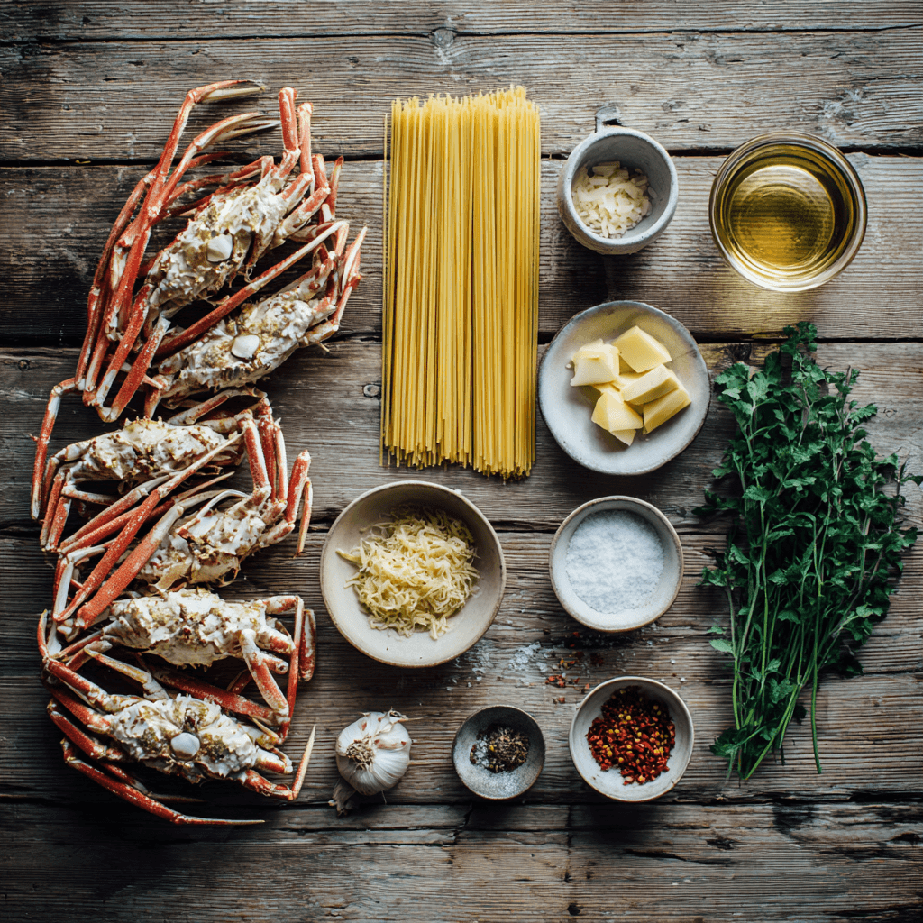 Fresh ingredients for making Gordon Ramsay Crab linguine