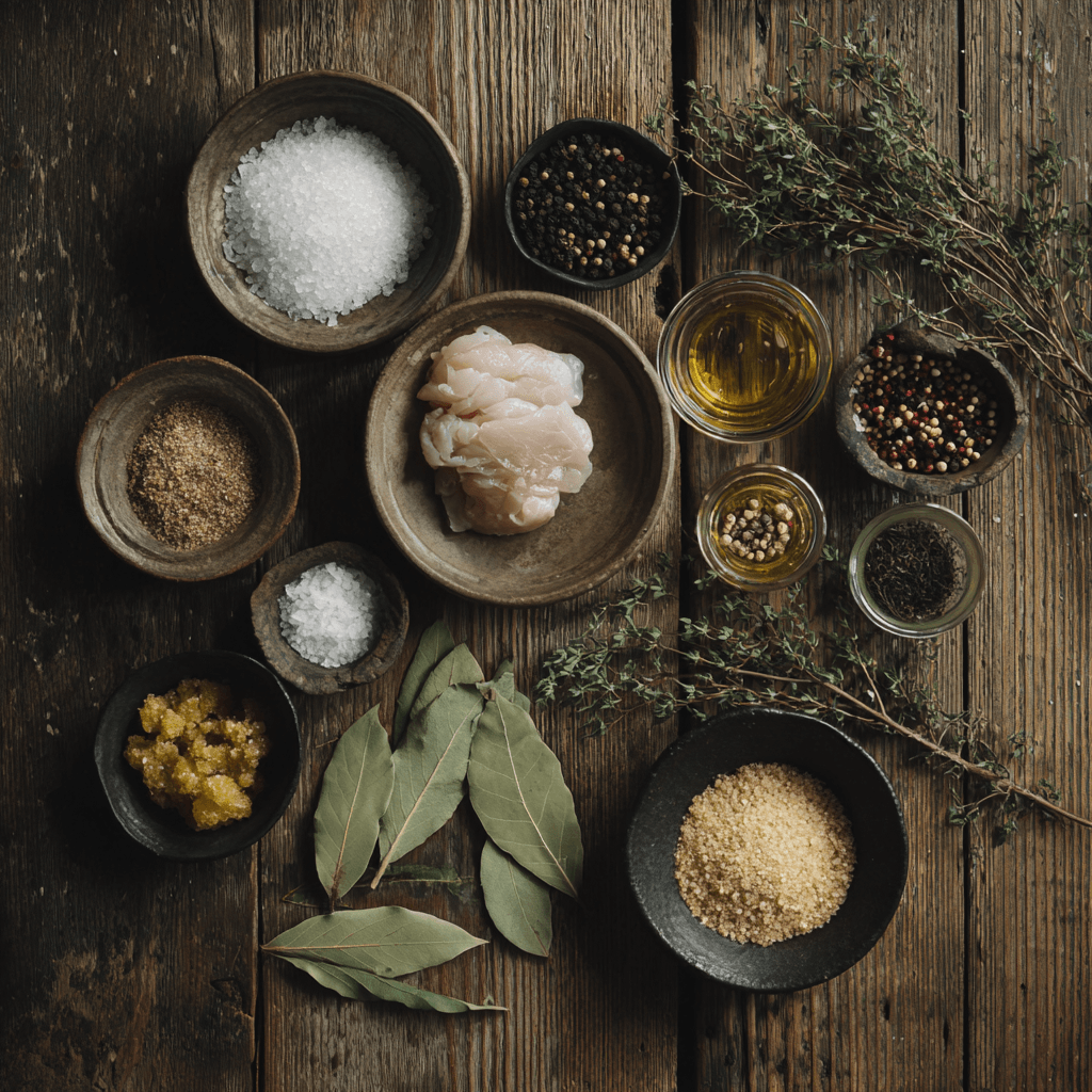 Fresh ingredients for making Gordon Ramsay Turkey Brine arranged on wooden surface