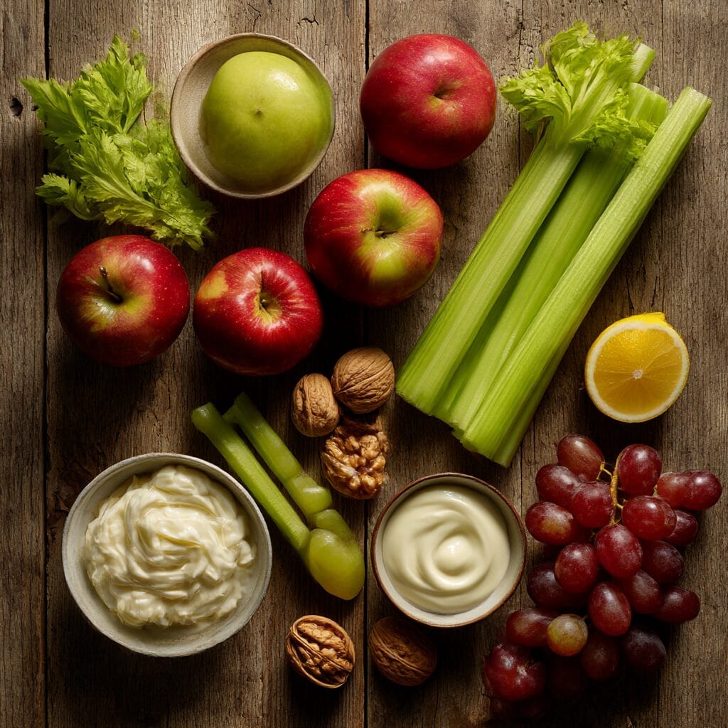 Fresh ingredients for making Gordon Ramsay Waldorf Salad arranged on wooden surface