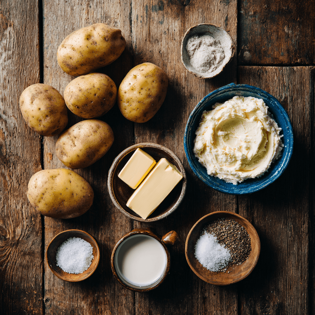 Fresh ingredients for making Gordon Ramsay Mashed Potatoes arranged on wooden surface
