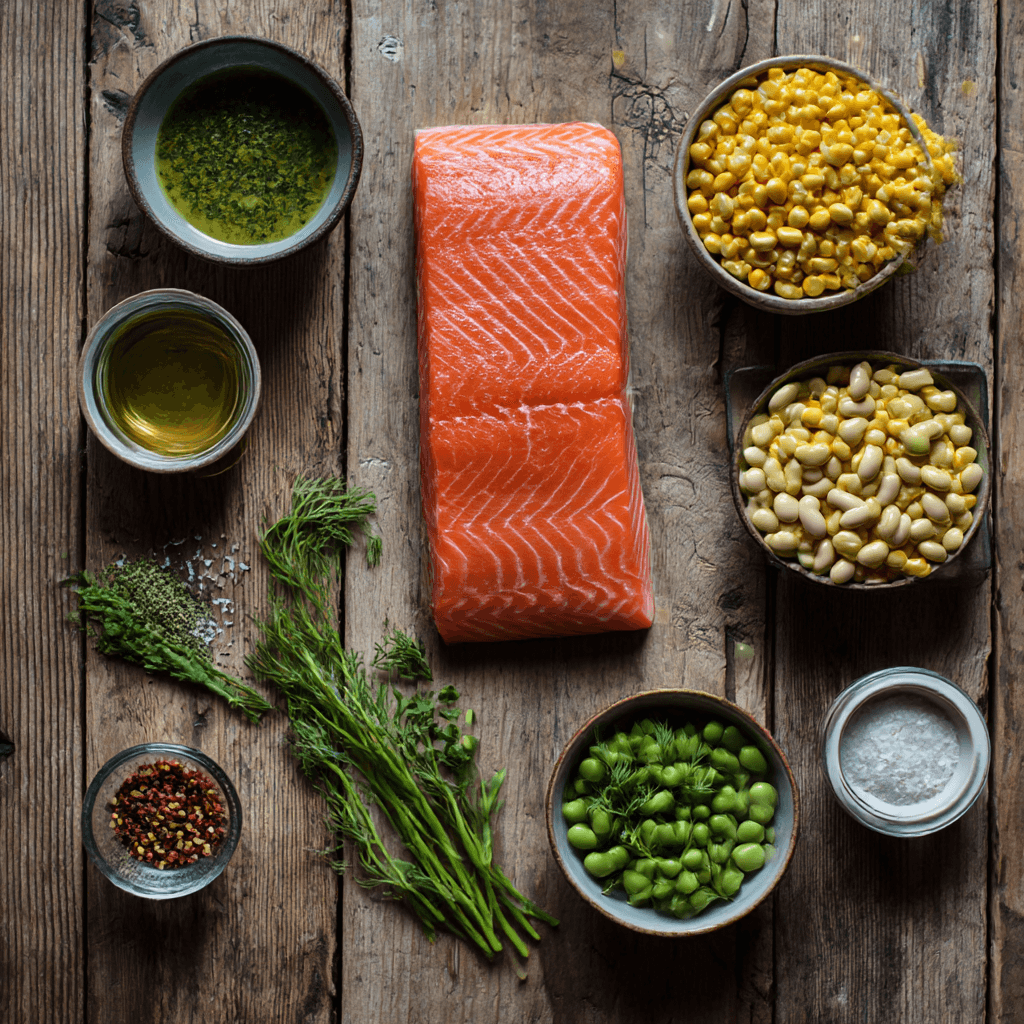 Fresh ingredients for making Gordon Ramsay Salmon Succotash arranged on wooden surface
