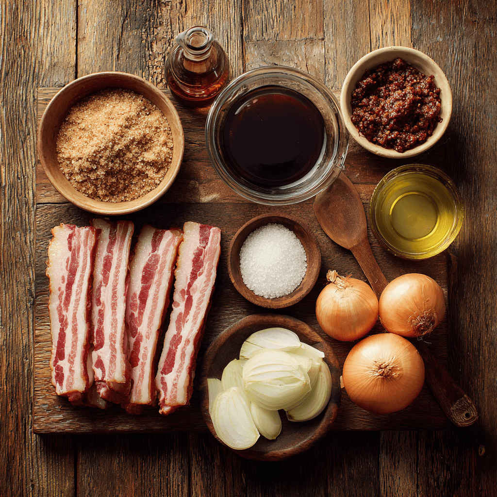 Fresh ingredients for making Gordon Ramsay Bacon Jam arranged on wooden surface