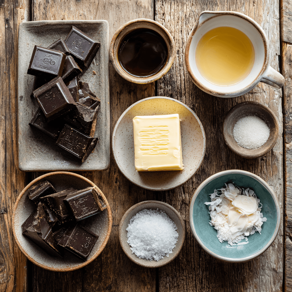 Fresh ingredients for making Gordon Ramsay Fudge arranged on wooden surface