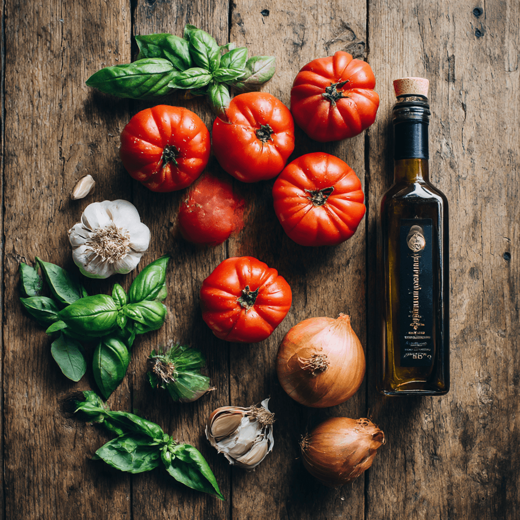 Fresh San Marzano tomatoes, garlic, basil and other ingredients for Gordon Ramsay Marinara Sauce
