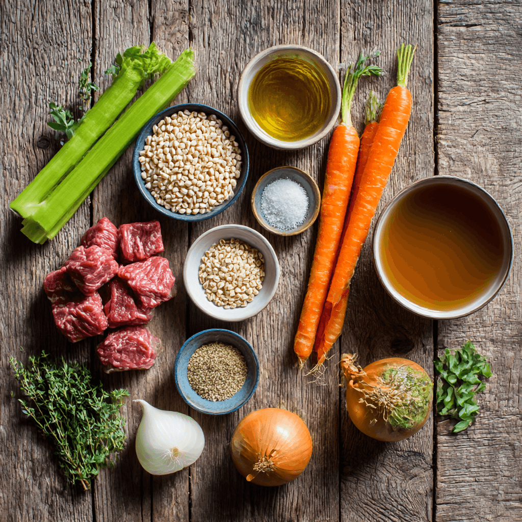 Fresh ingredients for making Gordon Ramsay Beef Barley Soup arranged on wooden surface