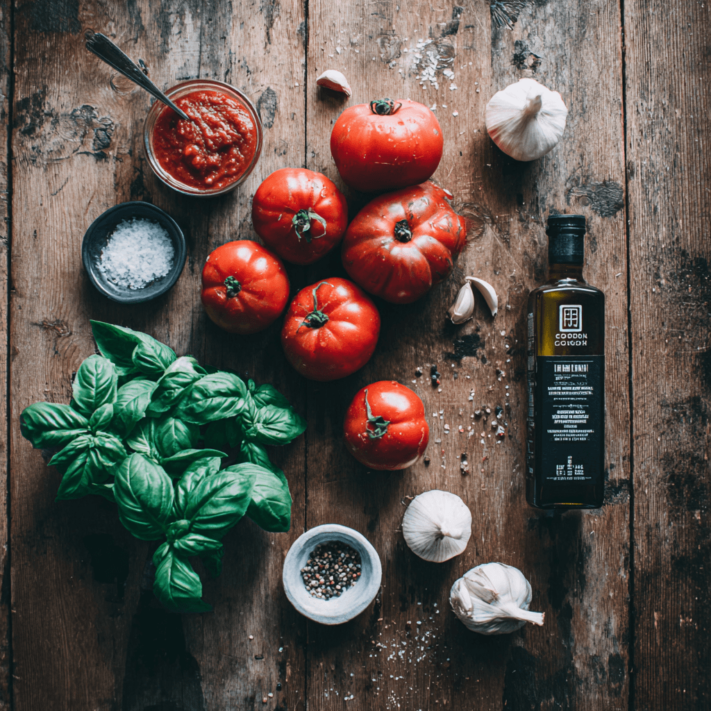 Fresh ingredients for making Gordon Ramsay Pizza Sauce arranged on wooden surface