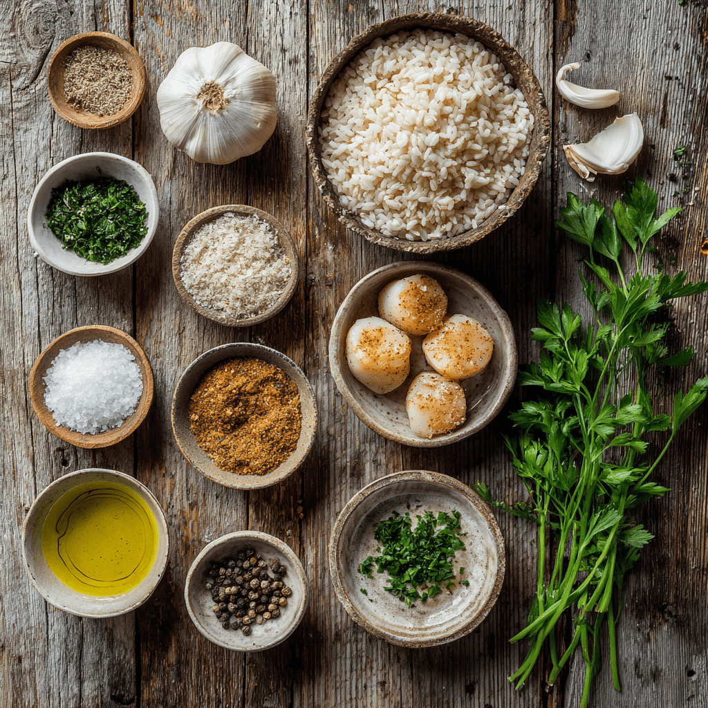 Fresh ingredients for making Gordon Ramsay Scallop Risotto