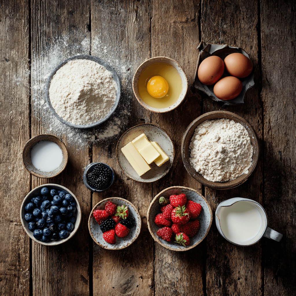Fresh ingredients for making Gordon Ramsay Muffins arranged on wooden surface