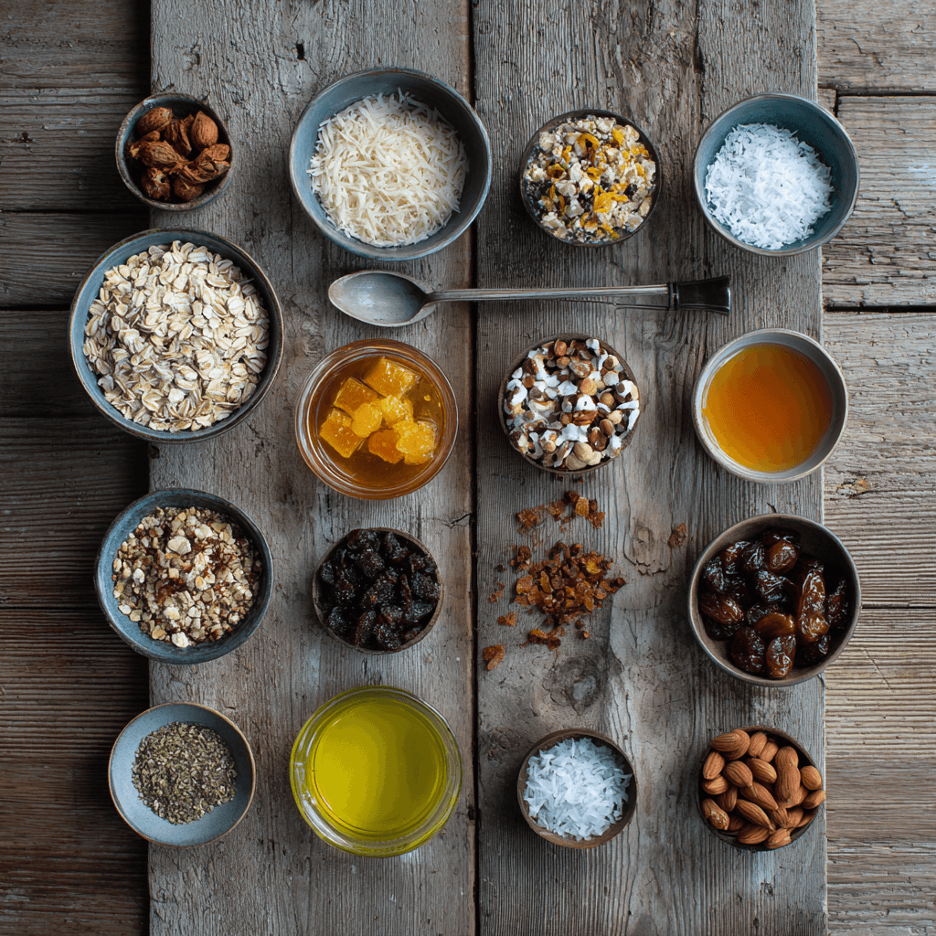 Fresh ingredients for making Gordon Ramsay Granola laid out on wooden surface