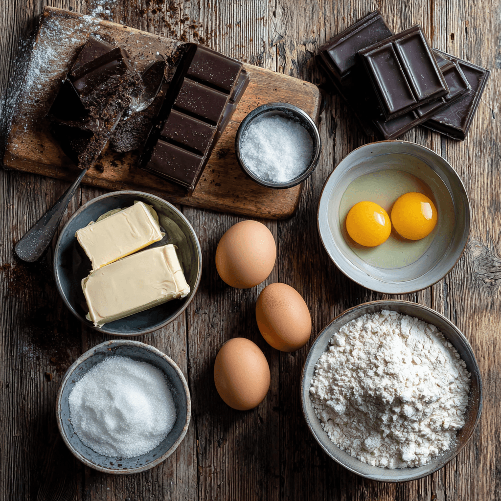 Fresh ingredients for making Gordon Ramsay Molten Lava Cake arranged on wooden surface