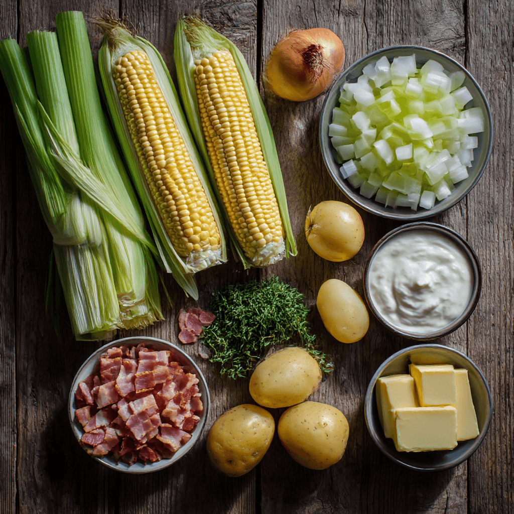 Fresh ingredients for making Gordon Ramsay Corn Chowder arranged on wooden surface