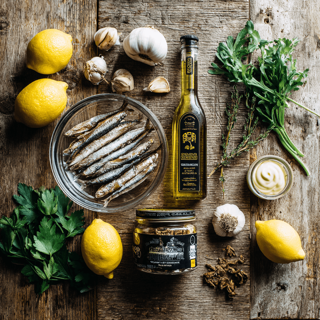 Fresh ingredients for making Gordon Ramsay Anchovy Dip arranged on wooden surface