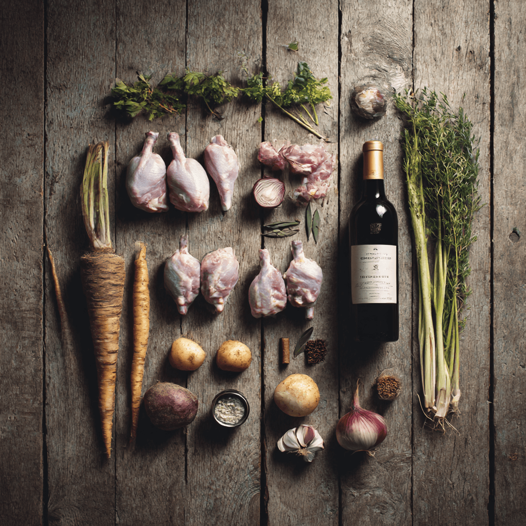 Fresh ingredients for making Gordon Ramsay Rabbit Stew arranged on wooden surface