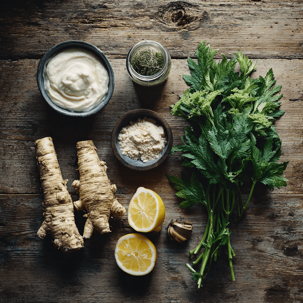 Fresh ingredients for making Gordon Ramsay Horseradish Sauce laid out on wooden surface