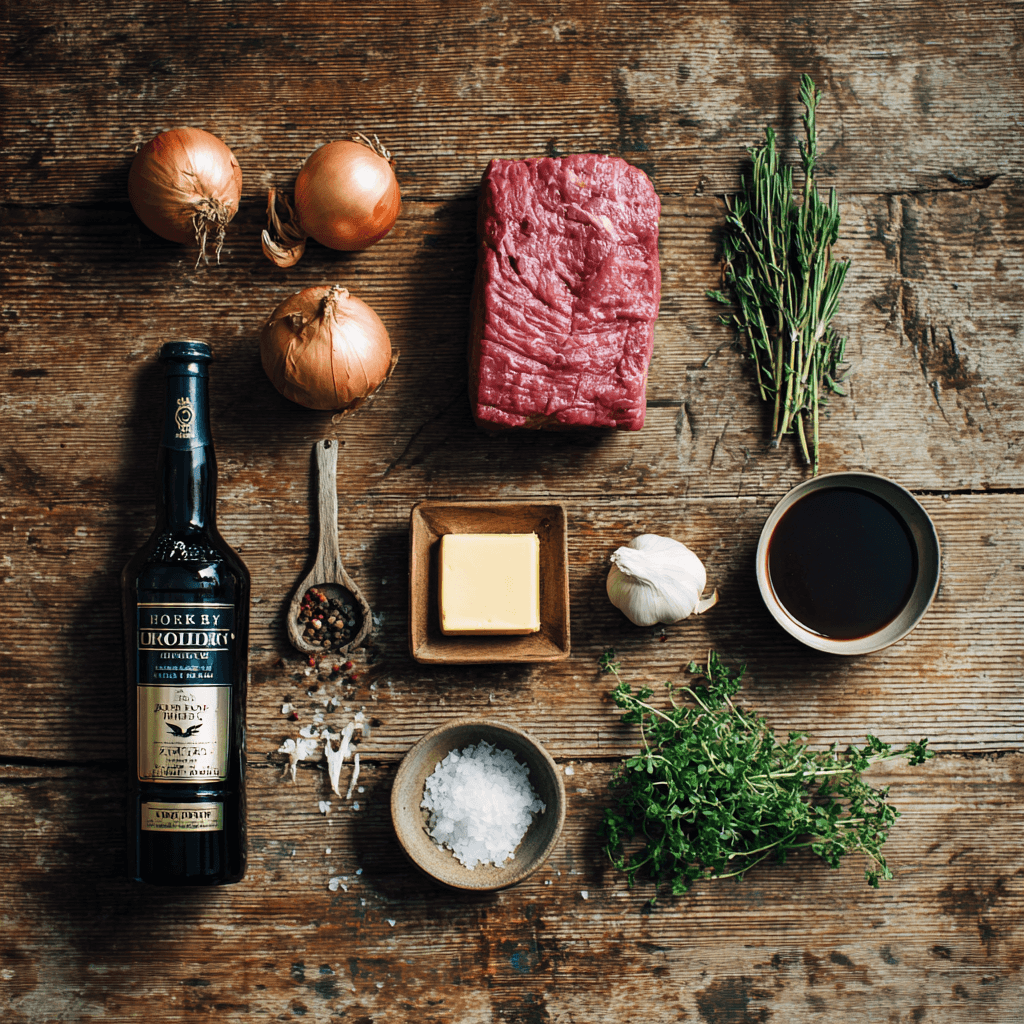 Fresh ingredients for making Gordon Ramsay Madeira Sauce arranged on wooden surface