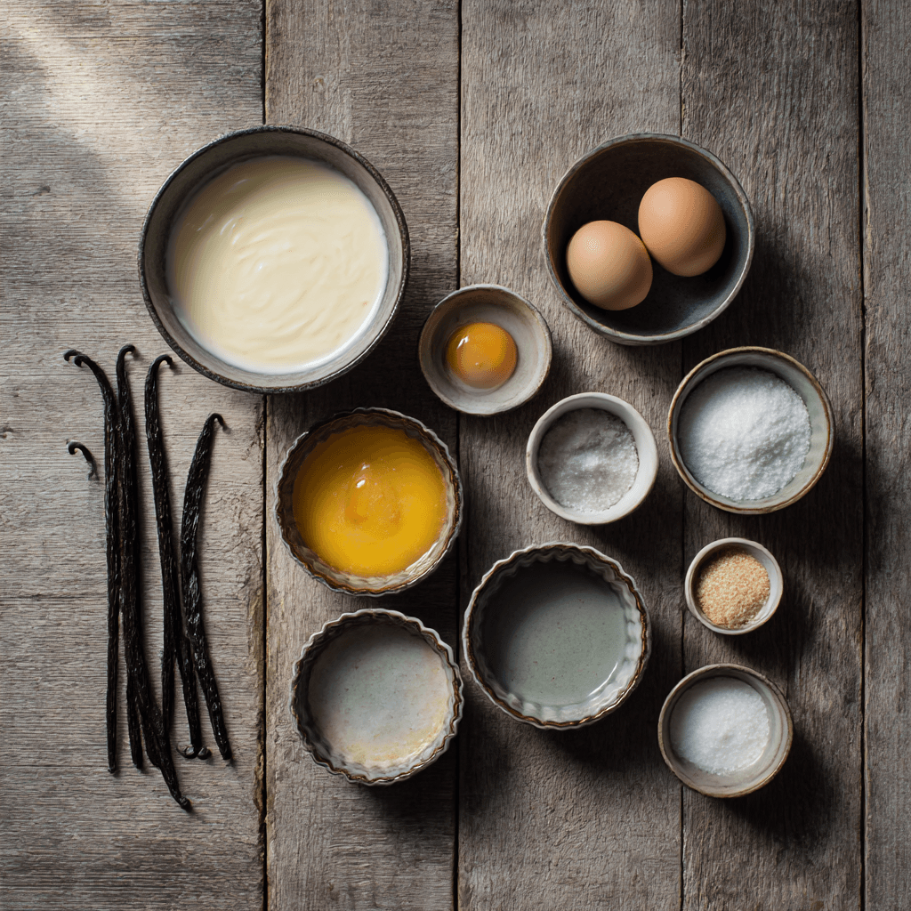 Fresh ingredients for making Gordon Ramsay Creme Brulee laid out on wooden surface