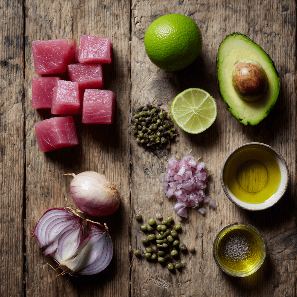 Fresh sashimi-grade tuna and ingredients for making Gordon Ramsay Tuna Tartare