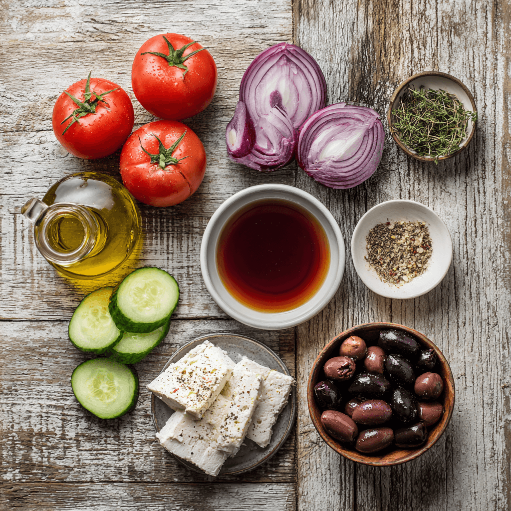 Fresh ingredients for making Gordon Ramsay Greek Salad arranged on wooden surface