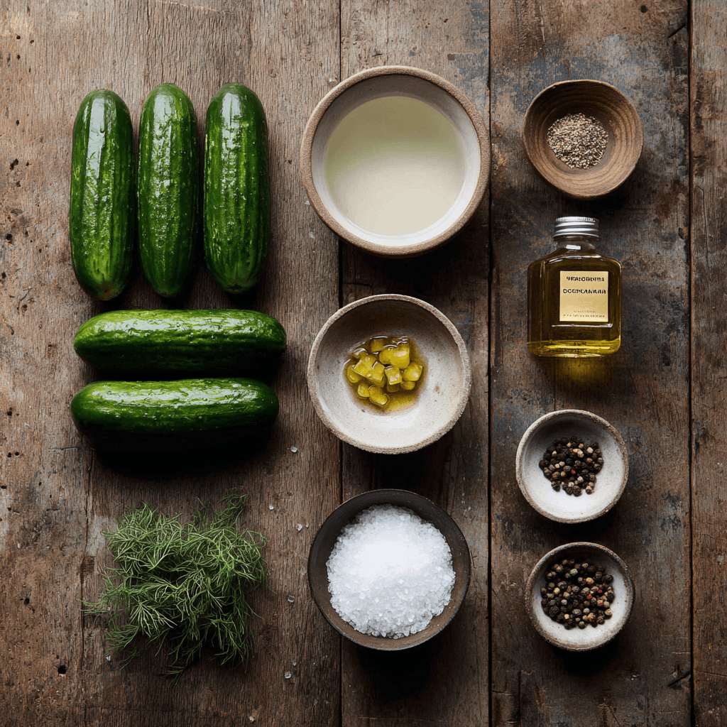 Fresh ingredients for making Gordon Ramsay Pickled Cucumber arranged on wooden surface