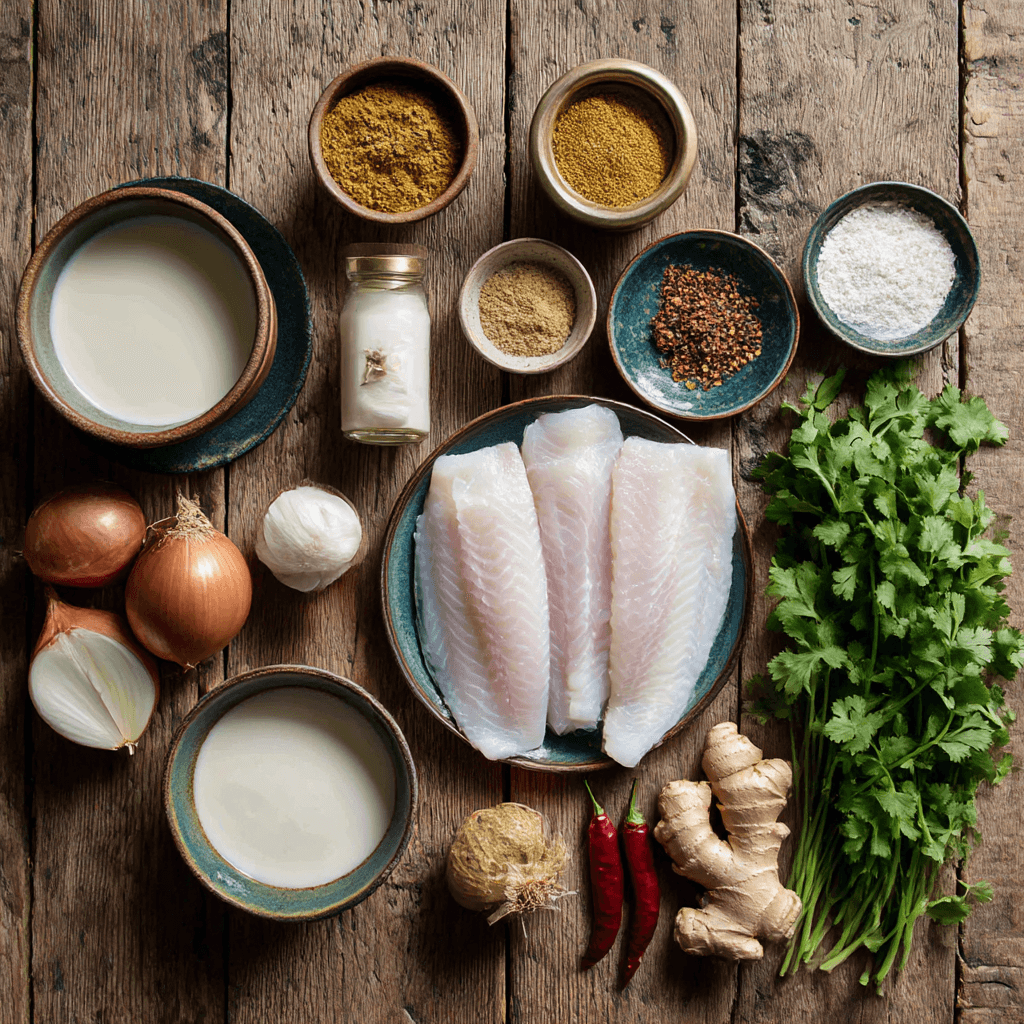 Fresh ingredients for making Gordon Ramsay Fish Curry including fish, spices, and aromatics