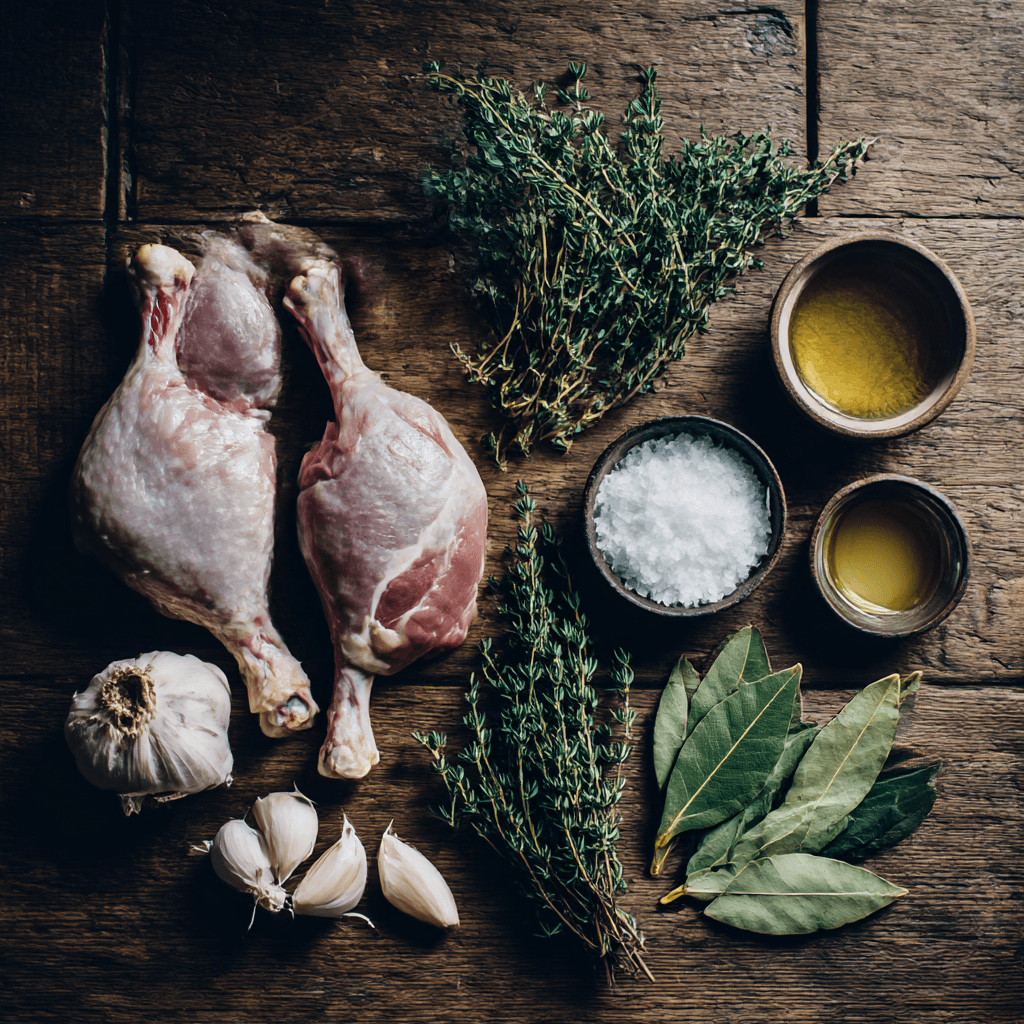 Fresh ingredients for making Gordon Ramsay Duck Confit
