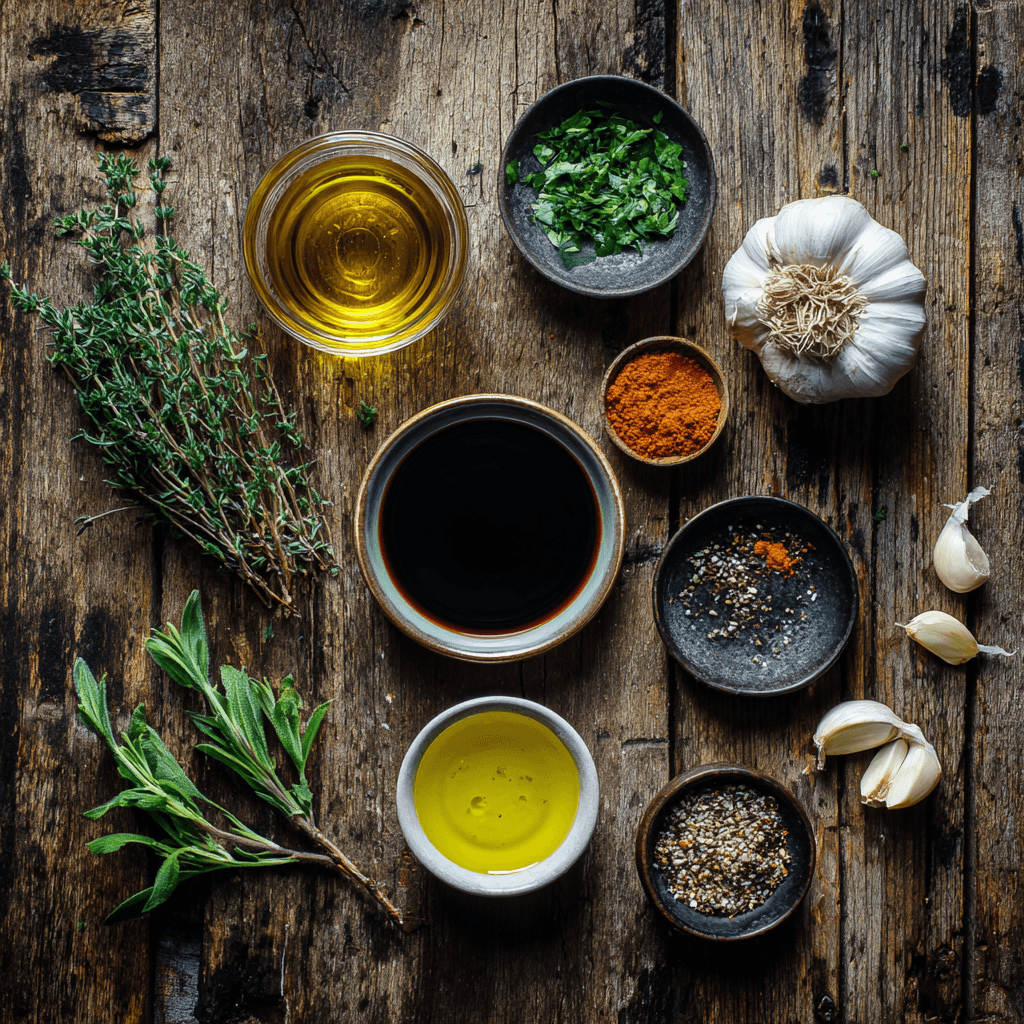 Fresh ingredients for making Gordon Ramsay Steak Marinade arranged on wooden surface