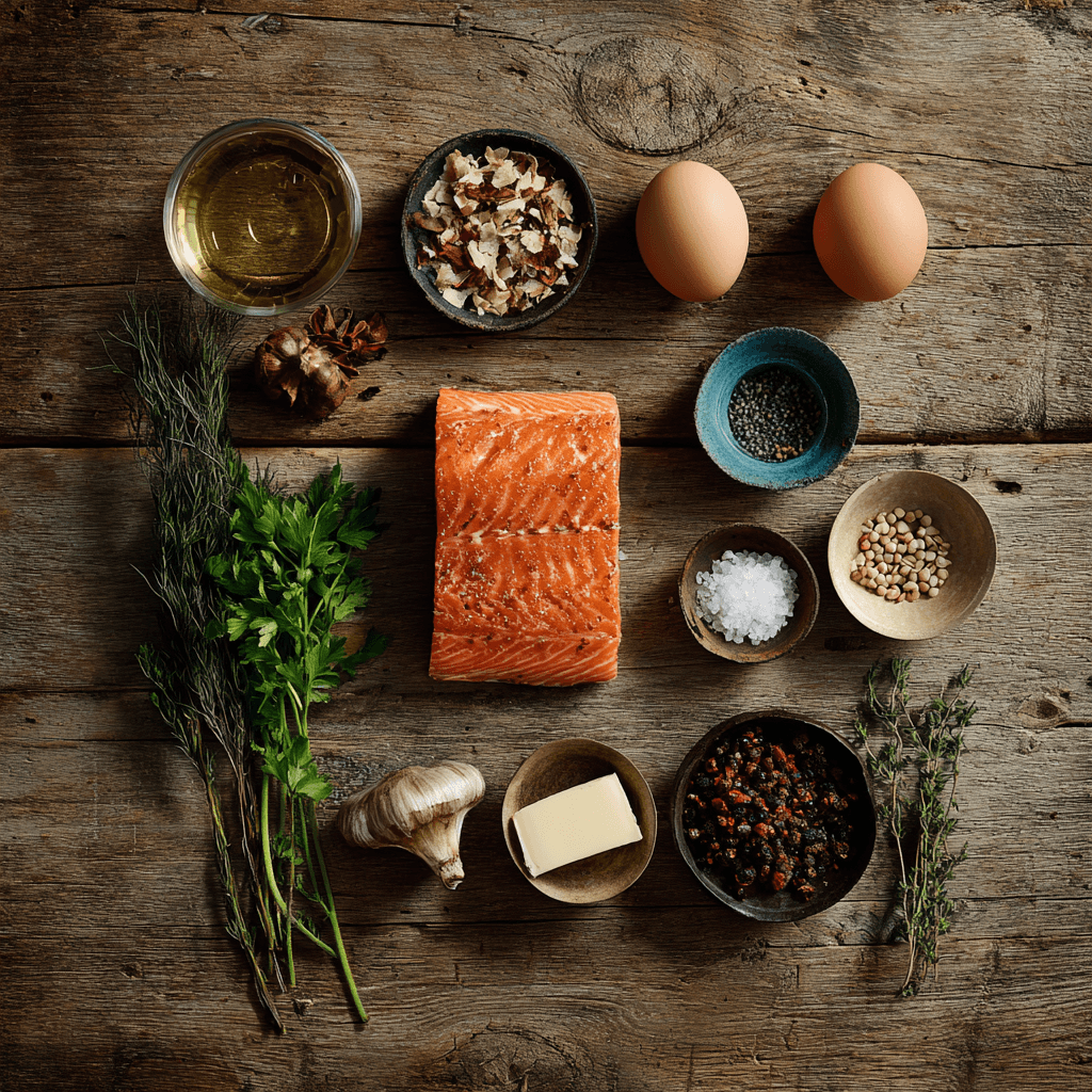 Fresh ingredients for making Gordon Ramsay Salmon Wellington
