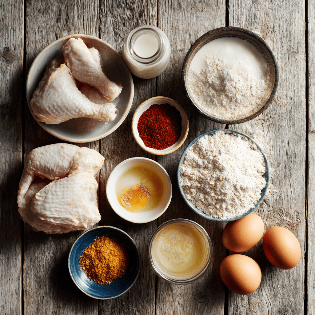 Fresh ingredients for making Gordon Ramsay Fried chicken including chicken, flour, and spices