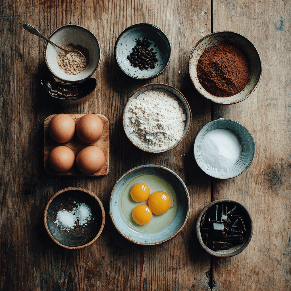 Fresh ingredients for making Gordon Ramsay Chocolate Lava Cake arranged on wooden surface