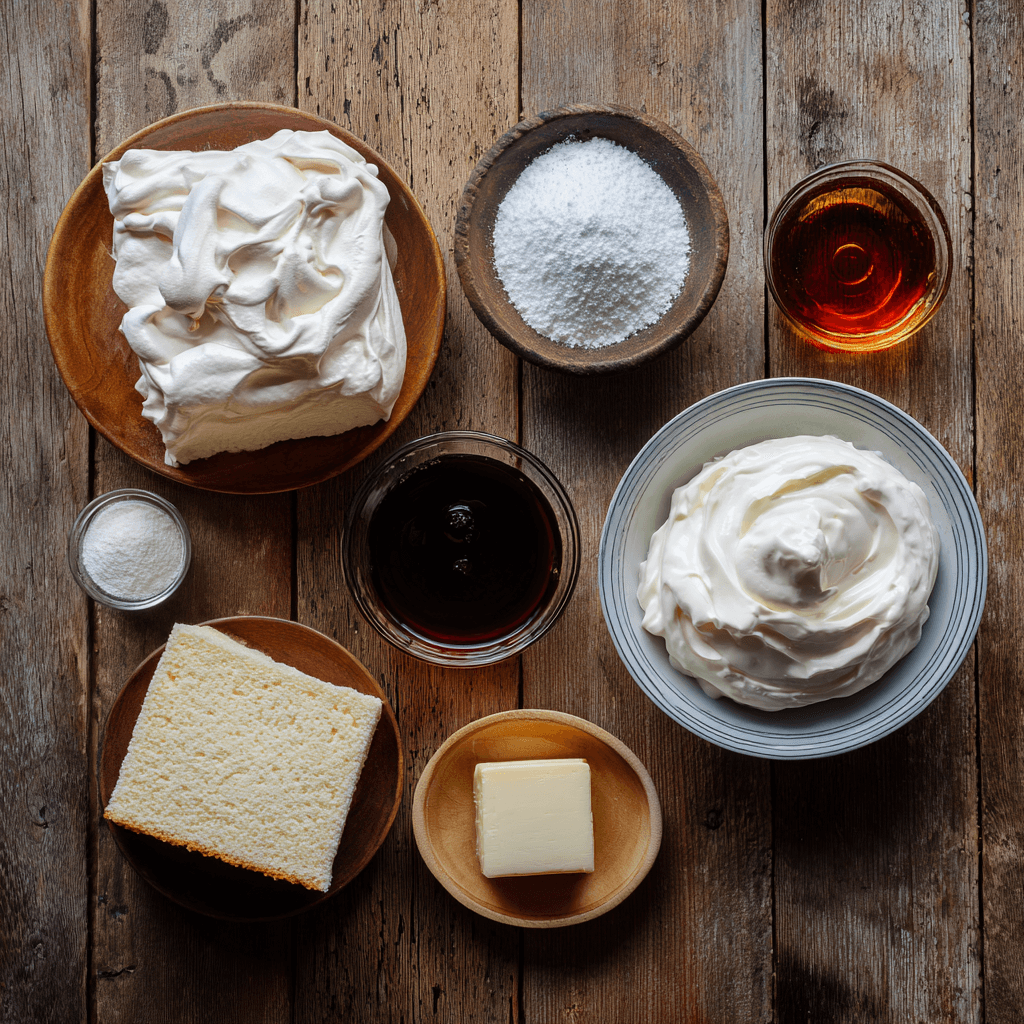 Fresh ingredients for making Gordon Ramsay Baked Alaska Flambe arranged on wooden surface