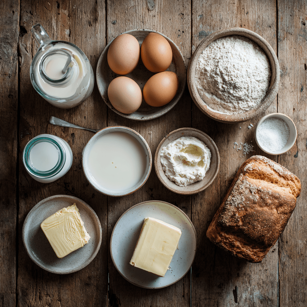 Fresh ingredients for making Gordon Ramsay Bread Pudding laid out on wooden surface