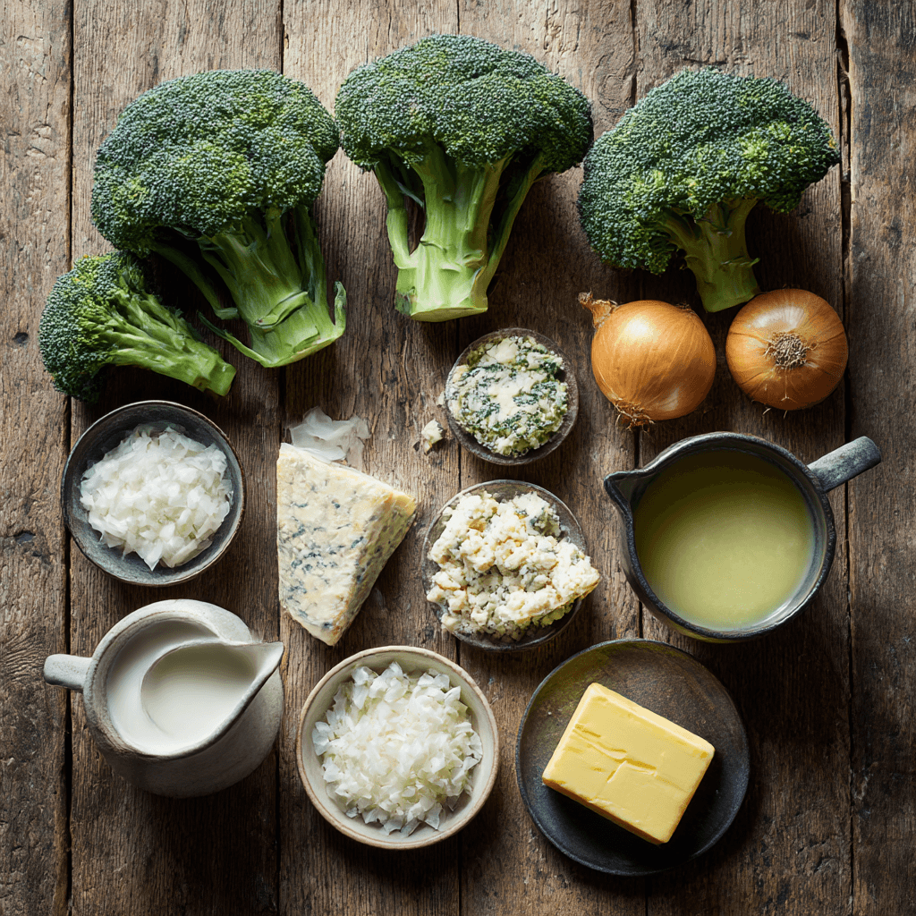 Fresh ingredients for making Gordon Ramsay Broccoli And Stilton soup arranged on wooden surface