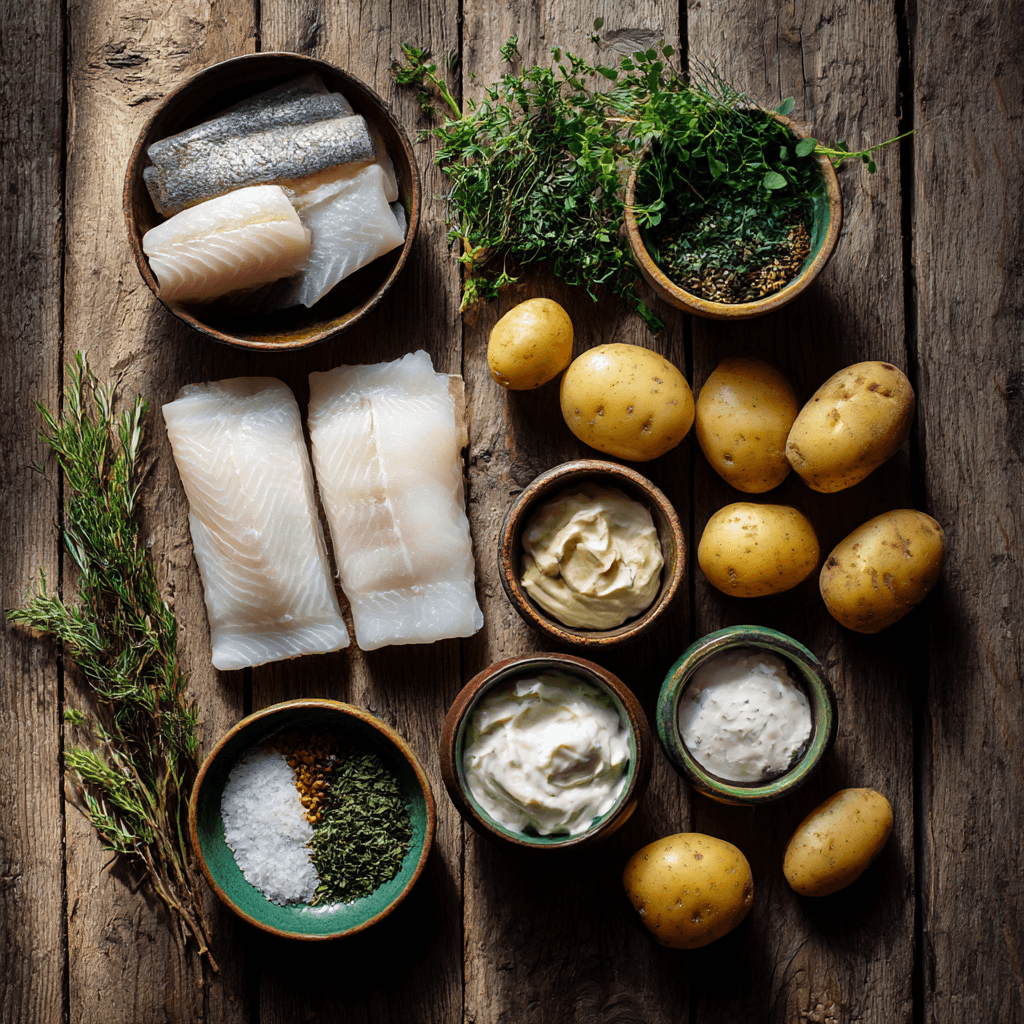 Fresh ingredients for making Gordon Ramsay Fish Pie arranged on wooden surface